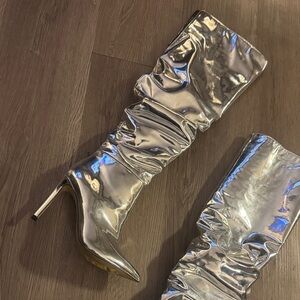 INC Iyonna Slouchy Faux Leather Over The Knee Boots Women's 5M Silver Side Zip